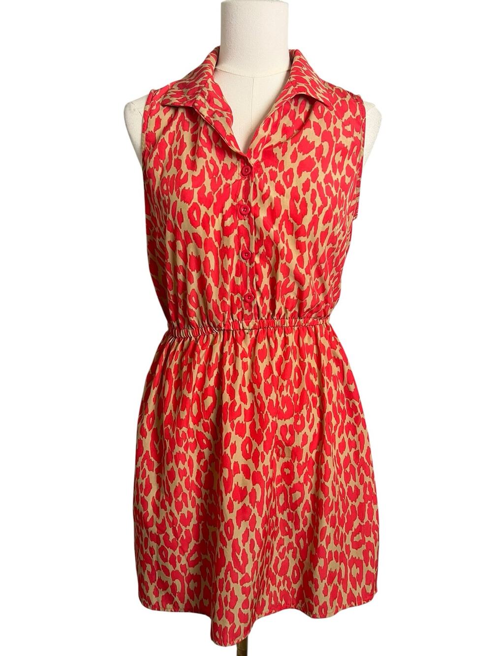 BeBop Pink Leopard Print Sleeveless Shirt Dress Size M Collared Mini Fit & Flare